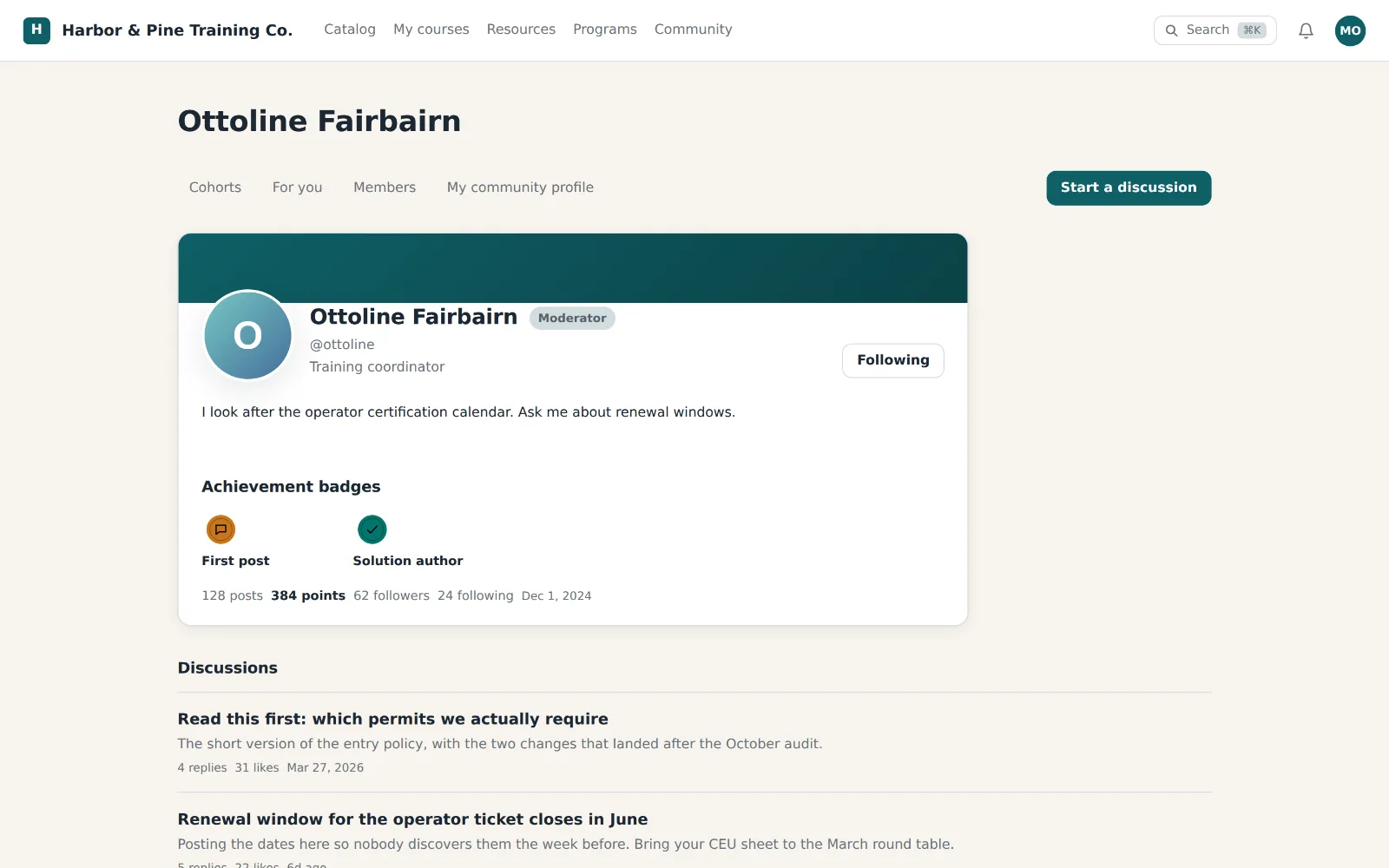 A member profile showing their moderator standing, their achievement badges, their follower counts, and the discussions they started.